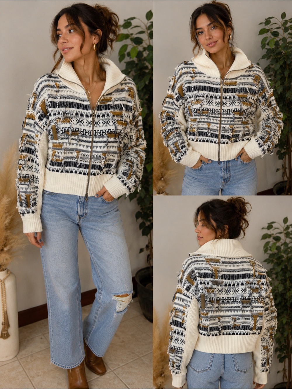 Pilcro Anthropologie Distressed Fair Isle Zip Knit Sweater Jacket Size Small